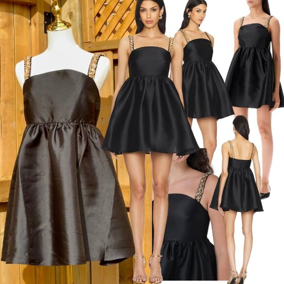 🆕 SELF-PORTRAIT 🧿 NWOT Embellished Taffeta Mini Dress, Black - Sz UK 10 / US 6 - Picture 1 of 17